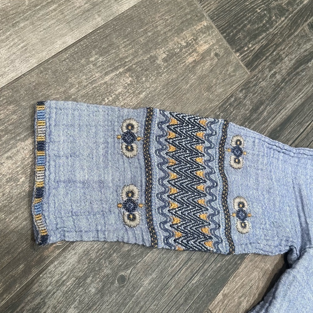 Johnny Was Light Blue Embroidered Peasant Blouse with Gold and Navy Accents - Picture 3 of 9